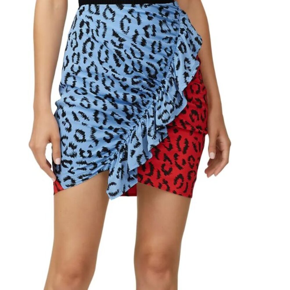 ALC geller ruffle skirt leopard print 100% silk worn on tv size 10 blue red